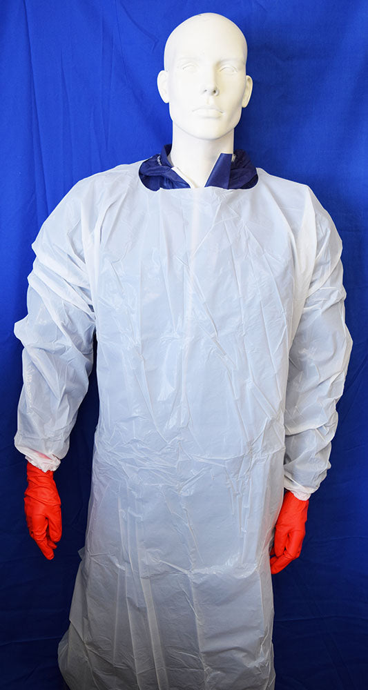 Mediflex protective gowns for healthcare with long sleeves and red gloves on mannequin